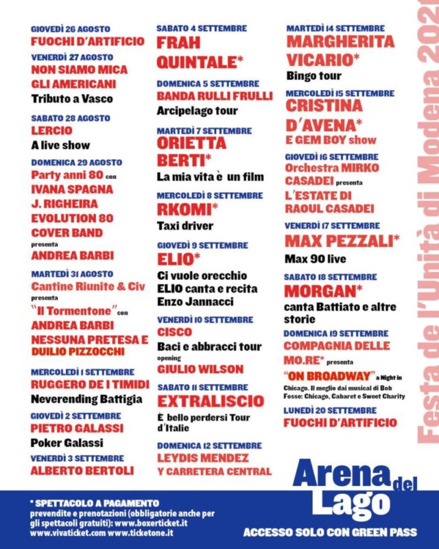 Festa de l’Unità di Modena : Fino al 20 settembre ancora tanti spettacoli